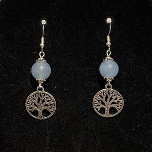 Silver Tree Of Life Carved Out With Light Blue Beaded Tiered Earrings
